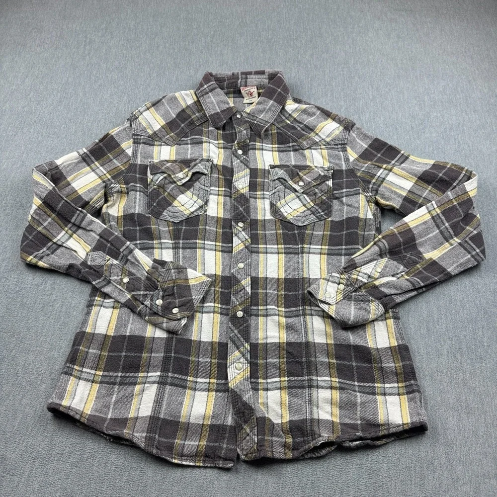 True Religion Shirt Men 2XL XXL Brown Plaid Snap Button‎ Up Flannel Long Sleeve